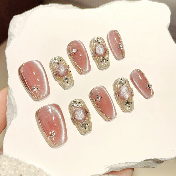 Buchilati New Handmade Wear Nail Tip Pink Crystal Cat Eye Flash White press on Nail